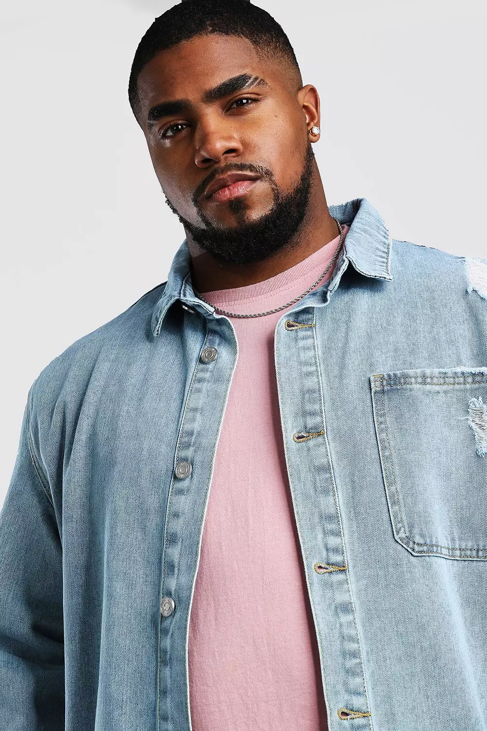 Big And Tall Longline Denim Shirt Jacket boohooMAN USA